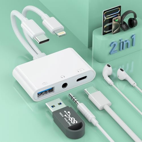 2-in-3 Lightning + USB C to 3.5mm Aux Audio Headphone Splitter Adapter Cable,USB OTG Camera Adapter+3.5mm Jack+Type-C Earphone/Charge Port,Phone Splitter for iPhone 15/14/13,Samsung,iPad,Huawei