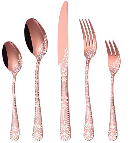 Besteck Set Roségold für 6 Personen, HONKKU 30-teiliges Edelstahl Besteckset, Essbesteck Set Spiegel Polierter mit Blumenmustern, Gabel Löffel Messer Set Spülmaschinenfest