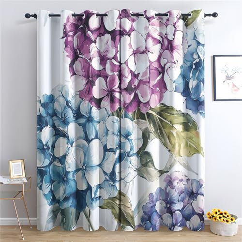 ADEIRO Hydrangea Blackout Curtains, Floral Curtains for Living Room Bedroom, Thermal Eyelet Curtain Drapes 54 Drop, Home Decor Pattern Window Treatments 66x54 Inch (W x L), 2 Panels