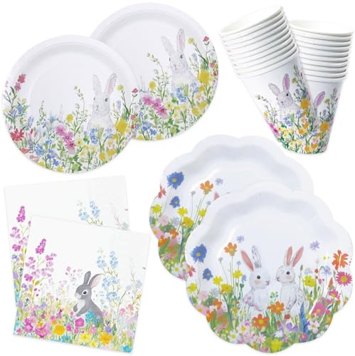HNH Ostern Pappteller Servietten Pappbecher Partygeschirr Set 100er-set Weiß Dessertteller Papierteller Papierservietten Partyteller Deko