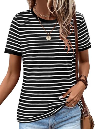 KISSMODA Womens Striped Tshirts Crew Neck Short Sleeve Shirts for Ladies Color Block Loose Fit Tee Tops