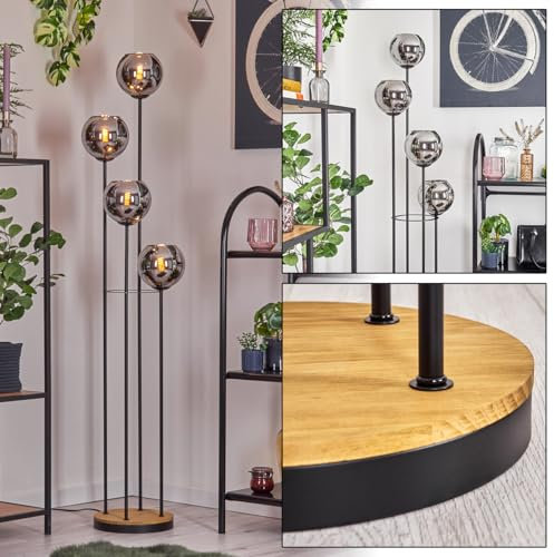 HOFSTEIN Koyoto Lampadaire en métal/bois/verre en noir/marron foncé/chrome/fumé, lampe moderne au design vintage (criture Ø 15 cm), interrupteur à pied, 147 cm, E14, salon, chambre à coucher