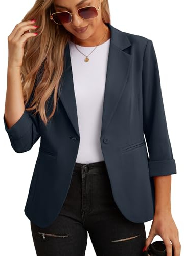 GRECERELLE Blazer élégant à manches 3/4 pour femme - Veste décontractée pour le travail - Blazer de bureau - Veste de costume et blazers avec poches et bouton pour femme, bleu/gris, 46