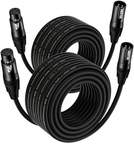 EBXYA XLR Microphone Cable 20M/65.6ft 2-Pack, 3-Pin Balanced Shielded Mic Cord Black- for Podcast Studio, Live Sound, PA Systems, Stage Speakers - Professional Audio Equipment