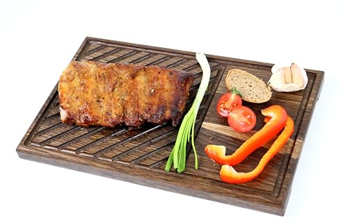 B4K® Steakbrett aus Eichenholz – Servierbrett für Steak & Grillfleisch – Massives Schneidebrett mit Saftrille – Hochwertiges Grillbrett für BBQ, Fleisch & mehr