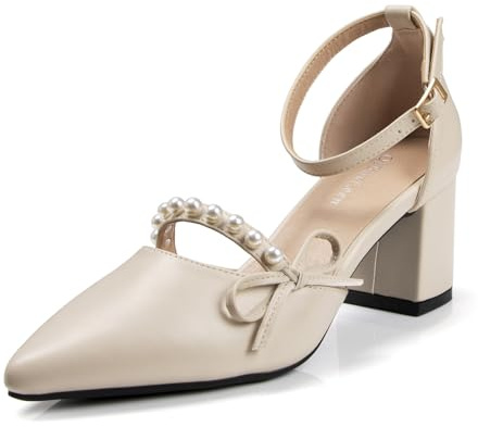 qibusleen Escarpins à Bout fermé et Bride Cheville avec nœud pour Femmes, Chaussures habillées Confortables à Talons Bas et carrés, Talons Pointus Beiges à Brides perlées pour Femmes - 44