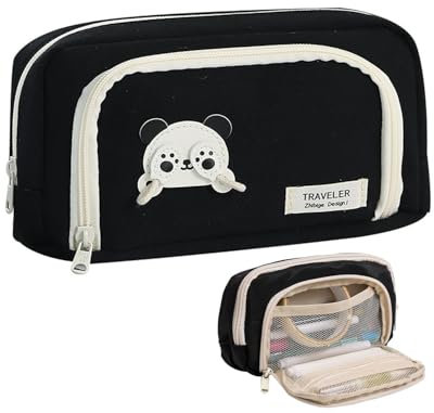 ZAMXHUG Kawaii Panda Federmäppchen Mäppchen mit 2 Fächer Federtasche große Kapazität Federmappe Mädchen Junge Teenager Erwachsene Schlamppermäppchen Pencil Case für Schule Büro(Schwarz)
