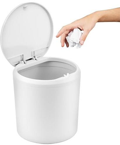 Tischmülleimer mit Deckel 4L Mini Tischabfalleimer Schminktisch Mülleimer Kosmetikeimer Klein Tischabfallbehälter für Schreibtisch Nachttisch Bad Küche Schlafzimmer Wohnzimmer Büro (15x15x17cm,Weiß）