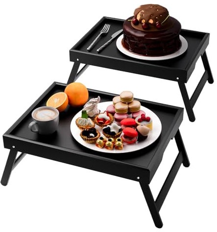 Fibogollo 2 Pack Bamboo Bed Tray Table with Folding Legs,Breakfast Trays,Serving Tray for Food and Snack,Laptop Trays for Working(Black)