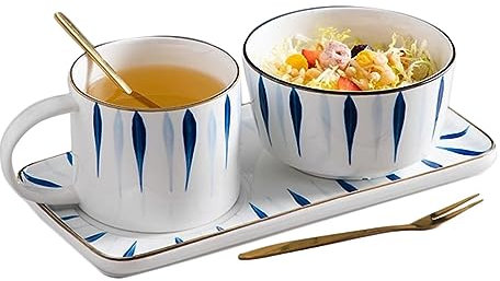 JKXLSLAX Creative Ceramic Fruit Salad Bowl Set Rectangle Shaped Plates Japanese Style Milk Mug Cereal Bowl with Spoon,Soup and Sandwich Plate Combo,Breakfast Tableware