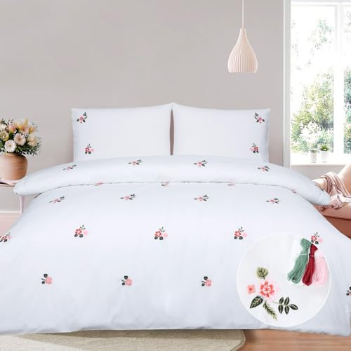 Pink Floral Duvet Cover Set Double Bed Embroidered Flowers Girls Bedroom | White Bedding Set, Elegant Duvet Sets Luxury for Dorms French Country Spring Summer Wildflower Cottagecore 3 Pieces 200x200
