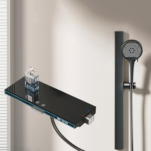 YCVAWEOD Wandmontierter Badmixer mit Dusch- und Riser -Schienen -Wasserfall -Bad Zapfe Grau mit LED -Display (grau) LWX