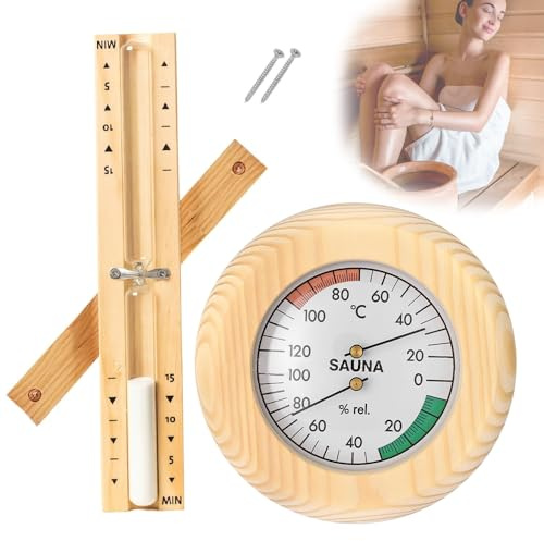 Hojalis High Accuracy Sauna Accessories, 2-in-1 Sauna Thermometer Hygrometer and 15-Minute Wooden Sauna Hourglass Timer, Wall-Mounted Sauna Thermometer & Sauna Timer for Steam Room Sauna Room