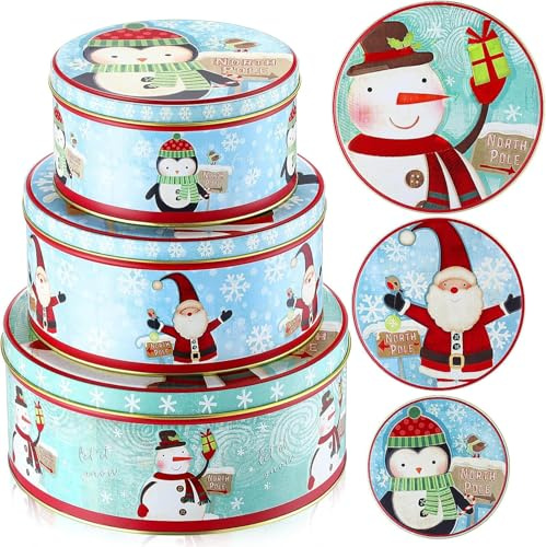 Sunshine smile 3er Set Weihnachtskeksdosen aus Metall,Winter Collage Keksdosen,Rund Plätzchendose Metall,Keksdosen mit Deckel für Weihnachten,Plätzchendosen für Gebäck,Snacks und Geschenke