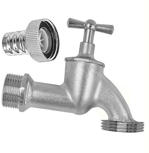 MegaHaustechnik Auslaufventil mit Knebelgriff, Messing matt verchromt, Wandanschluß 1/2 Zoll AG, Abgang 3/4 Zoll Außengewinde AG Außendurchmesser 26mm, Absperrhahn Wasserkran Wasserhahn silber