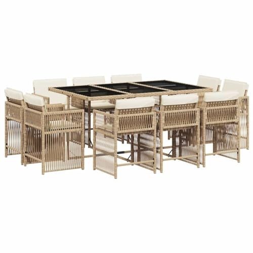 vidaXL Garten Essgruppe 11-TLG., Gartenmöbel Set Tisch mit 10 Stühle, Gartengarnitur mit Kissen, Sitzgruppe Essgarnitur Terrasse, Beige Poly Rattan