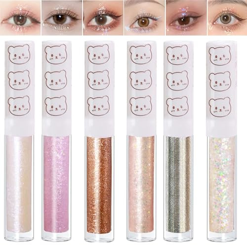 Liquid Glitter Eyeshadow Set, 6 Pieces Korean Shimmer Eye Makeup, Quick-Drying Long Lasting Pigmented Formula, Pigmented Loose Glitter Glue for Crystal Makeup