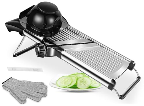 Mandoline Vegetable Slicer, Adjustable Food Cutter for Kitchen, Stainless Steel Potato Chopper with Cut-Resistant Gloves, Strips Julienne Dicer for Potato Cucumber Carrot Fruit Onion Fruit Cheese