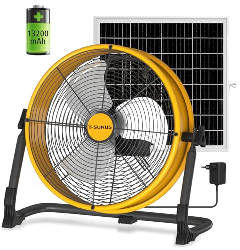 T-SUNUS Bodenventilator Solar, Ventilator Solar Leise Wiederaufladbar, Standventilator Groß, Stufenlose Geschwindigkeit Windmaschine, hoher Luftdurchsatz, Gewächshaus Terrasse Garage Werkstatt