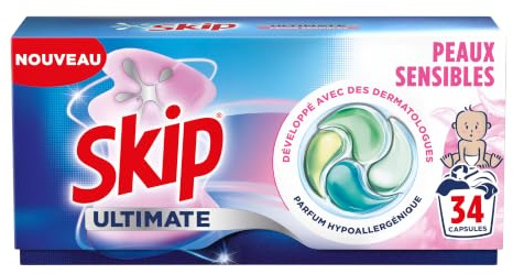 Skip - Capsules Lessive, Ultimate 4en1, Peaux Sensibles, 34 Lavages | Lessive hypoallergénique peaux sensibles, efficace à froid et cycle court, nettoyage complet pour toute la famille
