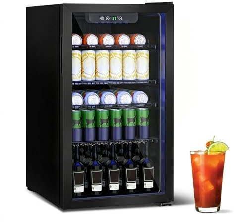 DollarDash Frigorifero per bevande, 115 lattine/80L, mini frigorifero con porta trasparente per birra, limo, vino, piccolo frigorifero autoportante con ripiano regolabile e indicatore LED (nero)
