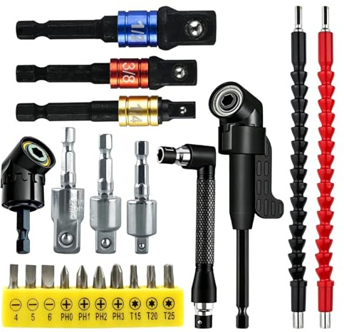 PPAAstunoras 21 Piezas105° Eje Flexible Atornillador Juego con Extensor Flexible y Accesorios Taladro Puntas Llave Prolongador y Otros para Reparación Mantenimiento DIY y Mejoras del Hogar
