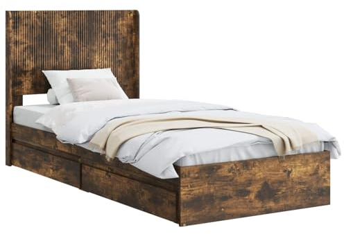 vidaXL Bettgestell mit Stauraum und Kopfteil Geräucherte Eiche, Moderner Schlafzimmerstauraum-Bett, rechteckiger Rahmen, schickes Latten-Design, platzsparendes Möbelstück