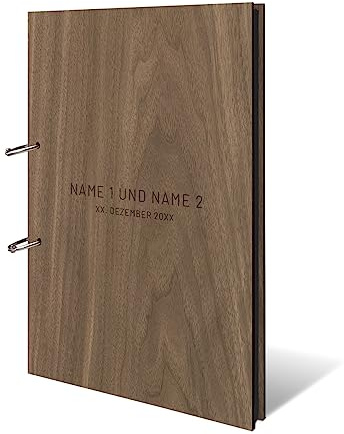 Hochzeit Fotoalbum Nussbaum Holz Gravur individuell Holzcover Fotokarton 300g/qm schwarzen Innenseiten (25 Blatt | 50 Seiten) DIN A4 hoch 215 x 302 mm - Schlicht