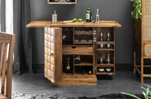 Casa Padrino Designer Barschrank Naturfarben/Braun 65-130 x 50 x H. 90 cm - Moderner Massivholz Weinschrank mit 2 Türen und Schublade - Barmöbel