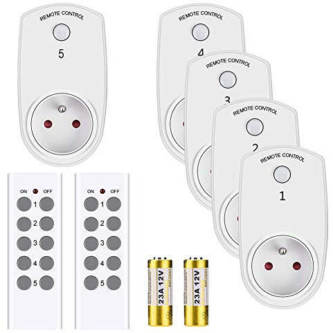 DEWIN Presa con Telecomando,5 Pezzi Prese Wireless con Telecomando Presa per Telecomando Intelligente Plug Prese Intelligenti Prese Comandate con Telecomando Spina UE con 2 Telecomando