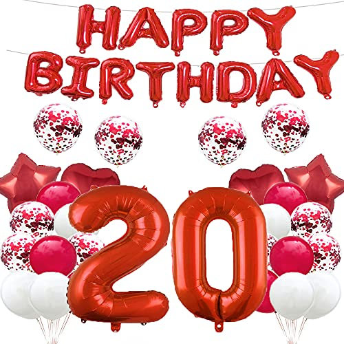 GLZLMM Luftballon zum 20. Geburtstag, 20. Geburtstag, Dekoration, Rot, 20 Luftballons, Partyzubehör, Nummer 20, Folienballons aus Mylar, Latex-Ballon, Geschenke für Mädchen, Jungen, Frauen, Männer