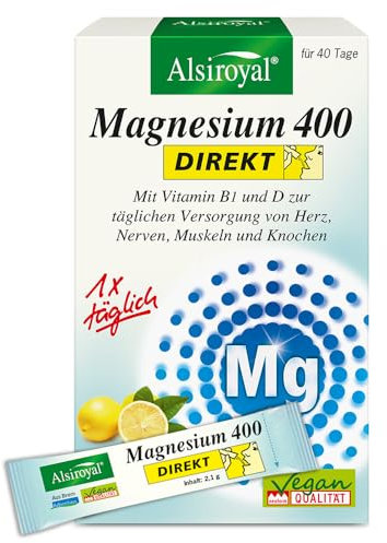 Alsiroyal Magnesium 400 DIREKT Zitrone - Magnesium Komplex mit Vitamin B1 & D3 zur täglichen Versorgung von Herz, Nerven, Muskeln & Knochen (40 Sticks) - vegan & ohne Zuckerzusatz