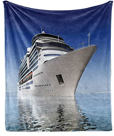 ABAKUHAUS Kreuzfahrtschiff Weiche Kuscheldecke Sofadecke, White Schiff auf dem Wasser, Gemütlicher Plüsch für den Innen- und Außenbereich, 175 x 230 cm, Blau und weiß