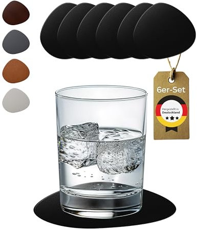 Lederfabrik Garnier® Lot de 6 dessous de verre modernes - Antidérapants et lavables - Protection parfaite de la table - En cuir noir - Fabriqués en Allemagne