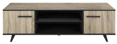 Calicosy - Meuble TV 2 Portes et 2 Niches - Wayne - Bois Clair et Noir - Panneaux de Particules - Naturel et Contemporain - Fabriqué en France - L151,4 x P39,3 x H46,2 cm