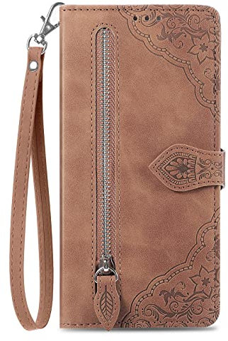 NEXCURIO Zip Wallet Case Compatible with Apple iPhone 11 Phone Case Wallet with Credit Card Holder Strap Stand Women Leather Flip Case Floral Folding Cover Shockproof - Brown
