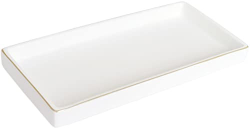 10 x 5 Ceramic Bathroom Tray for Countertop, Decorative Vanity Tray for Dresser Tops, Small Rectangular Trays for Perfume, Candle, Jewelry, Cosmetics (White)
