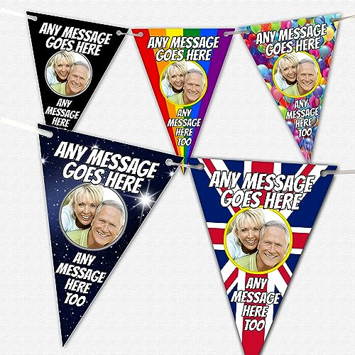 12 x Personalised Bunting With Photo And Text Of Your Choice - 9 Designs Available - Large Triangle Flags including Ribbon For Banner - Birthdays, Weddings Stag Dos Hen 18th 21st 30th 40th 50th 60th