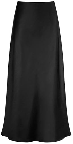 Outoshe Women's Satin High Waisted Maxi Skirts Hidden Elasticized Waistband A Line Long Skirt Black