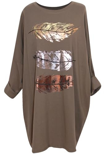 Storm Island® Ladies Italian Top Women Long Sleeves Tunic Top Summer Shirt Feather Print Top Women Foil Print Top Round Neck Plus Size Shirt Fashion Party Top Oversized Dress for Girls UK Size 14-24