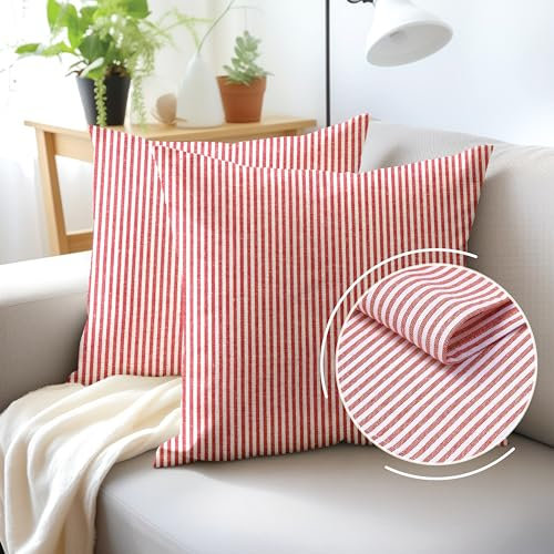 Encasa XO Kissenbezüge 2 Stück (40x40 cm) - Ticking Red - Weiche Baumwolle Leinwand Ungefärbt Rechteckige Kissenbezug Bunte Dekorative für Wohnzimmer Schlafzimmer Sofa Waschbar