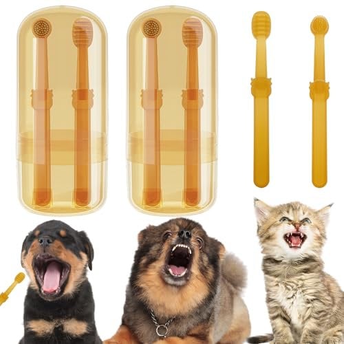 4 PCS Cats Dogs Toothbrush,360 Pet Dual Head Silicone Toothbrush,with Tongue Scraper, Pets Teeth Cleaning Toothbrush Kit for Dogs, Cats & Small Pets Dental Care