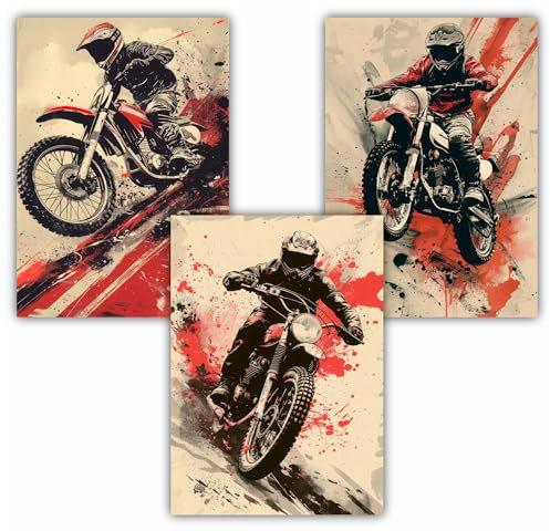 Samunshi® 3x Vintage Poster Motocross MotoX Racer Kunstdruck Set mit Vintage Illustrationen Bilder für Jugendzimmer Deko Plakat Geschenk DIN A3 29,7x42cm