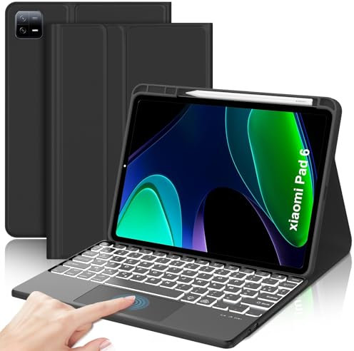 Coque Clavier Xiaomi Pad 6 11 Pavé Tactile, Rétroéclairage 7 Couleurs, Coque en Cuir avec Touchpad Clavier Bluetooth Magnétique Amovible AZERTY Français pour Xiaomi Pad 6 / Pad 6 Pro 11 2023, Noir