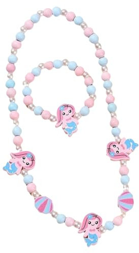 Damaiyyy Holz Kinder Schmuck Set,Meerjungfrau Freundschaftsarmband Meerjungfrau Perlen Halskette und Armband Geschenk für Mädchen Geburtstag Party Dress Up Kostüm Zubehör