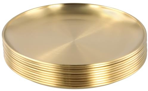 SINJEUN 10 Pieces 20 cm Stainless Steel Dinner Plates, Round Serving Plates Gold Brushed Metal Dishes for Camping, Eating, BBQ, Steak, Salad