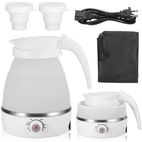 Kssvzz 0.6L Hervidor Agua Portatil, 600W Pequeño Hervidor de Agua Silicona con Regulador de 5 Temperatura, Tetera Electrica Plegable para Viaje con Acero Inoxidable Base y 2 Tazas Plegables, Blanco