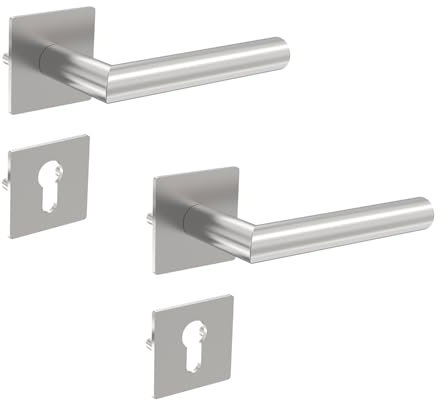Türgriffe Schwarz mit quadratischen BB Rosetten,Türklinken Innentüren Schwarz,Türklinke Türgriff-Set Edelstahl,Schwarz matt für Zimmertüren DIN-Norm (Quadratische-edelstahl PZ Profilzylinder)