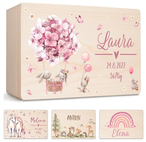 Little Deco Personalisierte Erinnerungskiste Baby Holzkiste | M - 30 x 20 x 13 cm | Hasen Geschenk Geburt Aufbewahrungskiste Geburtstag Spielzeugkiste für Mädchen XHL1023-01M