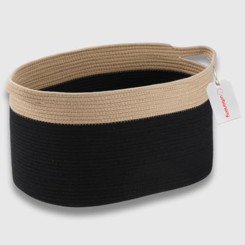 Urbanony Extra Large Cotton Rope Storage Basket (Black/Honey) – Woven Laundry, Blanket & Toy Organiser, Washing Basket for Laundry, Nursery & Home (55x38x30 cm, 65L)